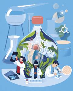 ILLUSTRATION Illustration featuring 3 researchers surrounded by chemical elements and plants.