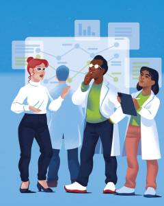 ILLUSTRATION_CHERCHEURS Björn Öberg’s Illustration : A team of scientists reflect in front of a painting