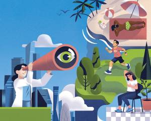 illustration-chercheuse-télescope Illustration de Björn Öberg : une chercheuse qui regarde au télescope des gens évoluer dans leur vie quotidienne