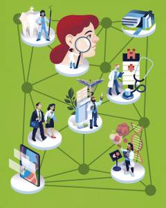 illustration-ensemble-interconnectees illustration de Björn Öberg : interconnected set of activities: medicine, research, communication, use of digital technology.