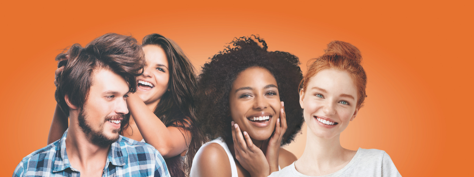 hommes et jeunes femmes sur fond orange